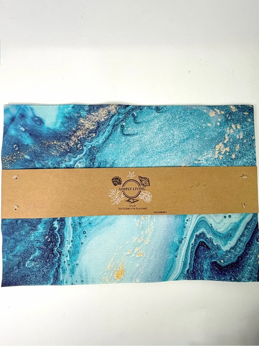Simply Living Set of 8 Placemats Blue Teal Marble Gold Coastal 13x19 NEW